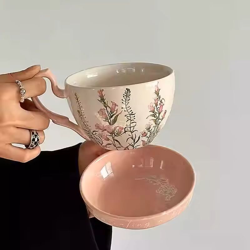Large Ceramic Breakfast Mug With Lid And Saucer Retro Style 6