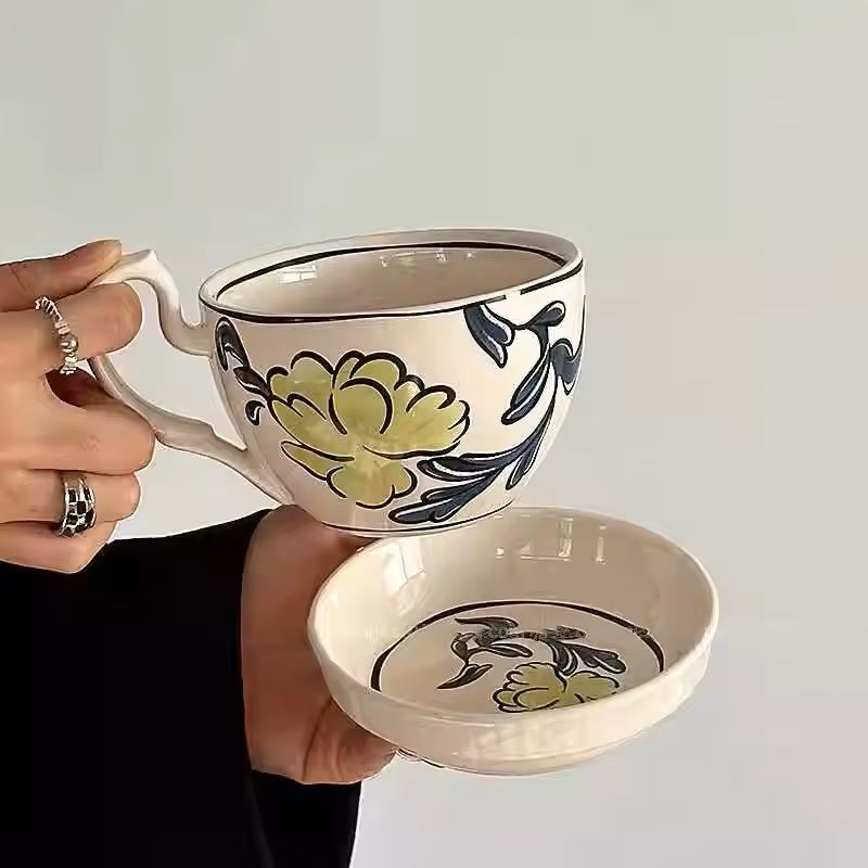 Large Ceramic Breakfast Mug With Lid And Saucer Retro Style 7