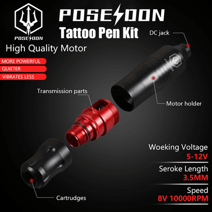 POSEIDON Wireless Tattoo Pen Kit with Power Supply for Permanent Makeup and Professional Tattooing