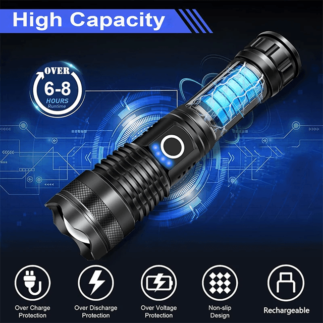 High Power Rechargeable Tactical Flashlight with Telescopic Zoom for Camping and Outdoor Use