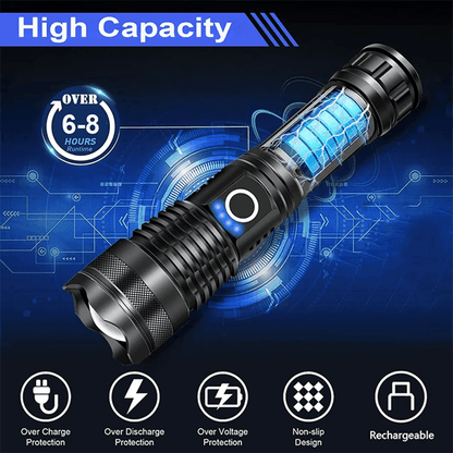 High Power Rechargeable Tactical Flashlight with Telescopic Zoom for Camping and Outdoor Use