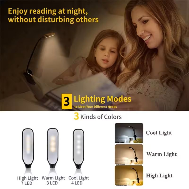 Rechargeable LED Book Light ClipOn Reading Lamp With 3 Color Modes 3