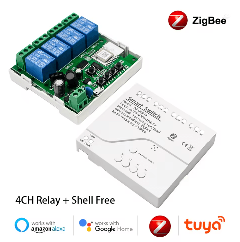 Tuya Zigbee 4-Channel Smart Relay Module – Dry Contact, DIN Rail, Multi-Voltage