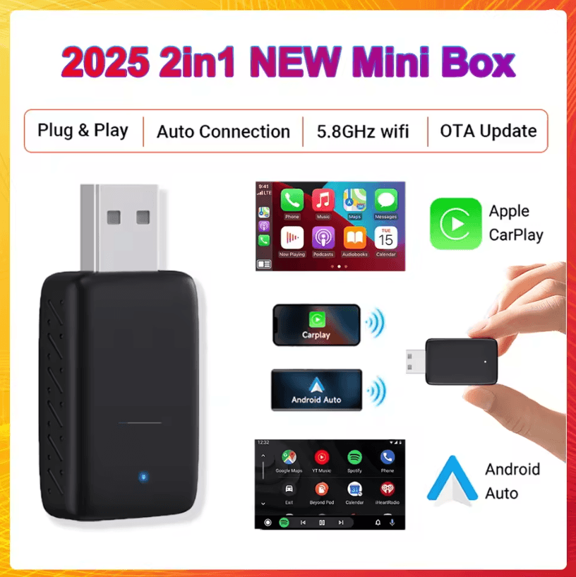 Mini Wireless Carplay Android Auto Adapter – Plug and Play 2 in 1 USB Dongle