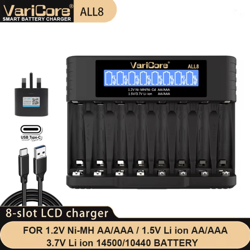 VariCore LCD Fast AA AAA Battery Charger  8 Slot Universal Rechargeable Battery Charger 8