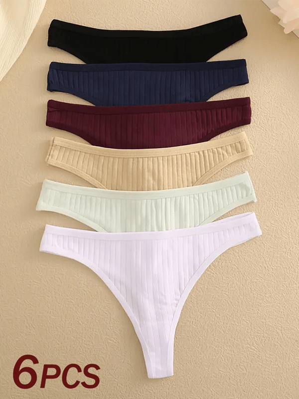 6 Pack Womens Cotton Thongs  Ribbed Low Rise G String Bikini Underwear Set 2