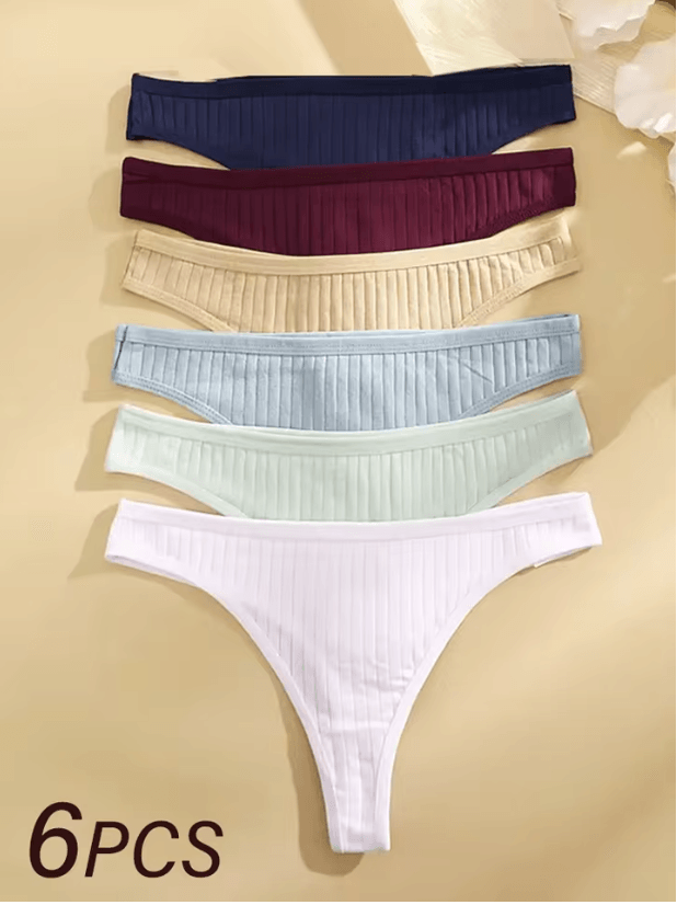 6 Pack Womens Cotton Thongs  Ribbed Low Rise G String Bikini Underwear Set 3