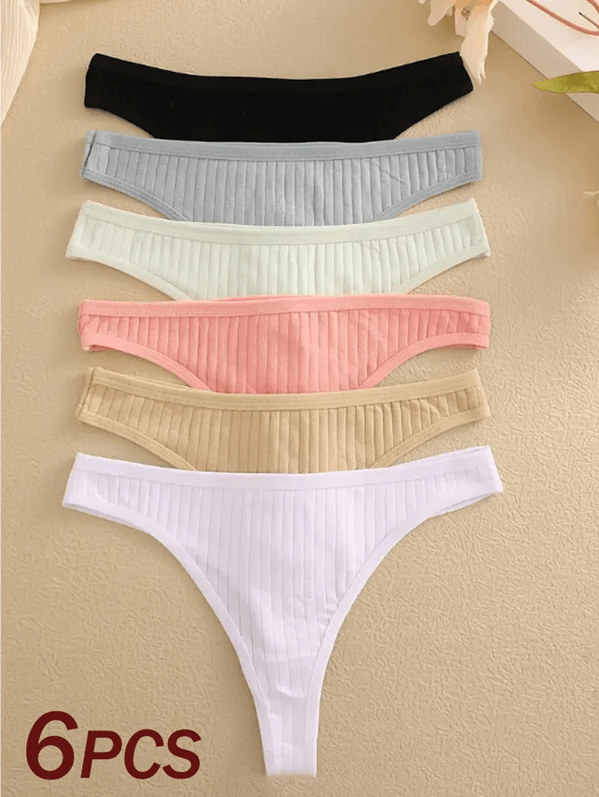 6 Pack Womens Cotton Thongs  Ribbed Low Rise G String Bikini Underwear Set 4