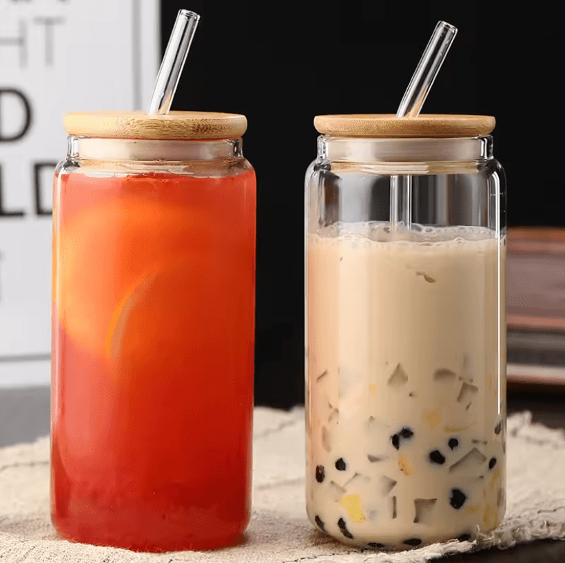 Glass Straw Cup with Wooden Lid – Heat-Resistant Transparent Tumbler for Hot and Cold Beverages