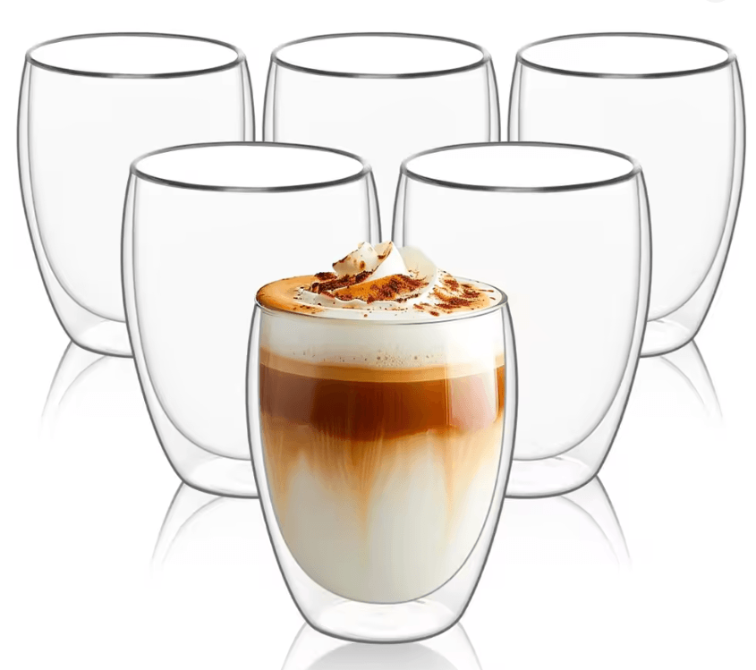 6-Piece Double Wall Insulated Glass Cup Set – 80ml to 450ml Heat-Resistant Borosilicate Glass Mugs for Coffee, Tea, and