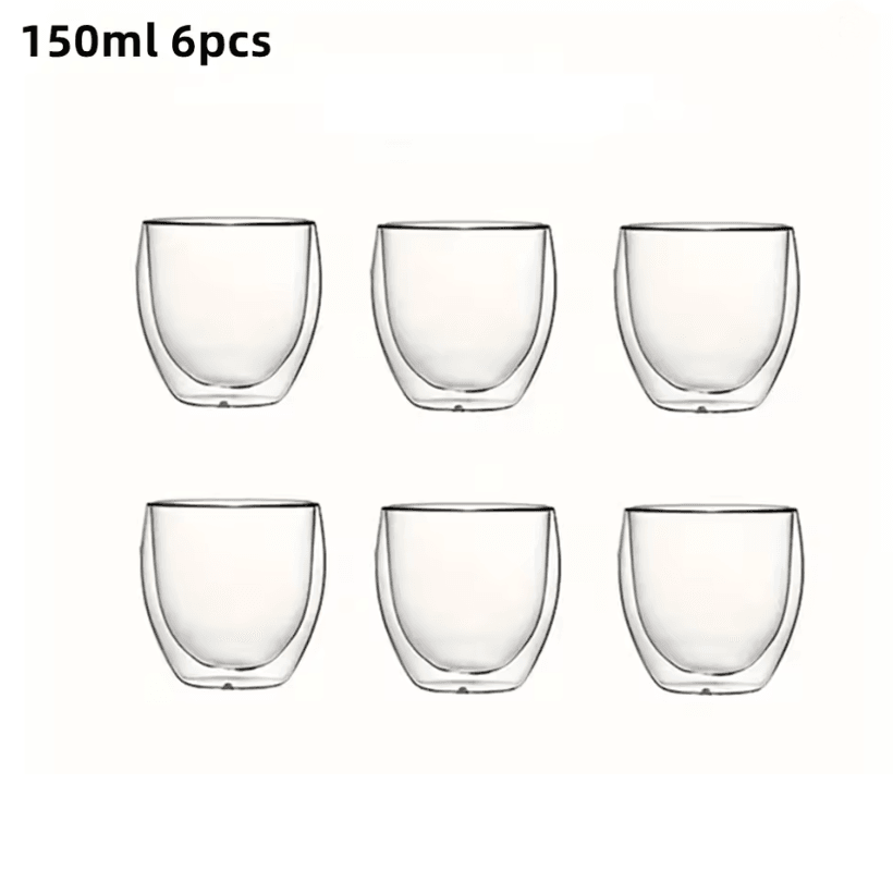 6Piece Double Wall Insulated Glass Cup Set  80ml To 450ml HeatResistant Borosilicate Glass Mugs For 4