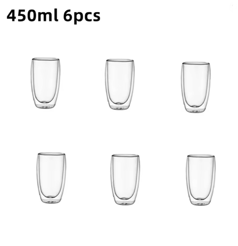 6Piece Double Wall Insulated Glass Cup Set  80ml To 450ml HeatResistant Borosilicate Glass Mugs For 7