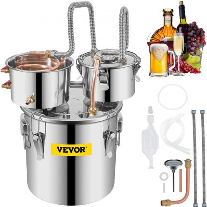 Stainless Steel Alcohol Distiller with Copper Tube, Thermometer & Water Pump, Home Brewing Kit with Double Thumper