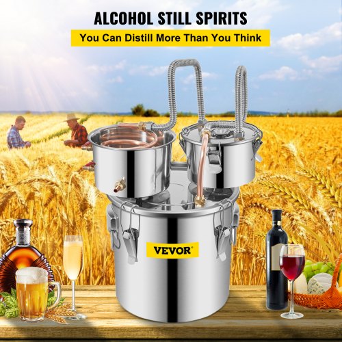 Stainless Steel Alcohol Distiller with Copper Tube, Thermometer & Water Pump, Home Brewing Kit with Double Thumper
