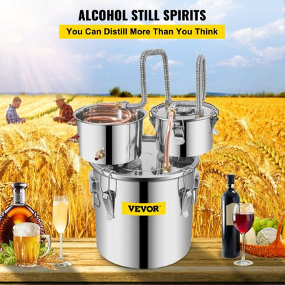 Stainless Steel Alcohol Distiller with Copper Tube, Thermometer & Water Pump, Home Brewing Kit with Double Thumper