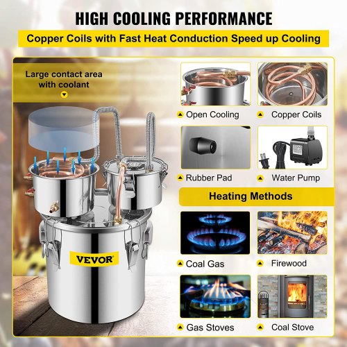 Stainless Steel Alcohol Distiller with Copper Tube, Thermometer & Water Pump, Home Brewing Kit with Double Thumper