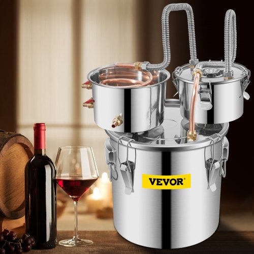 Stainless Steel Alcohol Distiller with Copper Tube, Thermometer & Water Pump, Home Brewing Kit with Double Thumper