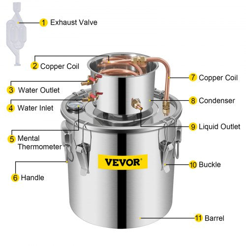 Alcohol Still Stainless Steel Distiller Kit, Water Alcohol Distiller Copper Tube Home Brewing Kit