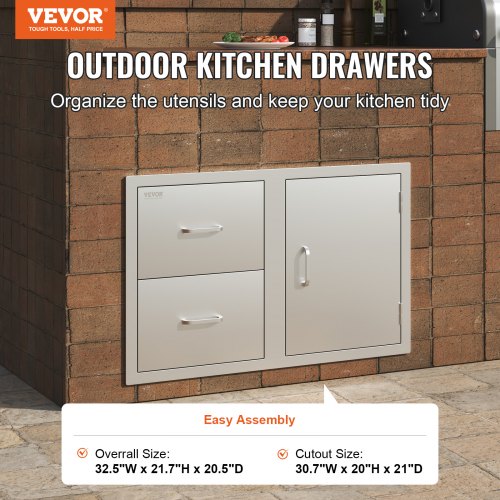 Stainless Steel Outdoor Kitchen Drawers, 32.5" BBQ Island Storage with Access Door, Double Drawers & Built-In Towel