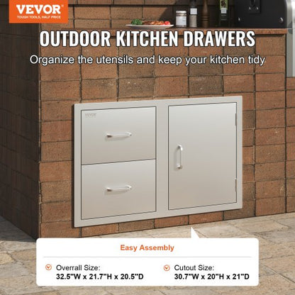 Stainless Steel Outdoor Kitchen Drawers, 32.5" BBQ Island Storage with Access Door, Double Drawers & Built-In Towel
