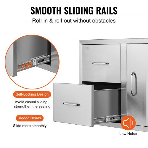 Stainless Steel Outdoor Kitchen Drawers, 32.5" BBQ Island Storage with Access Door, Double Drawers & Built-In Towel