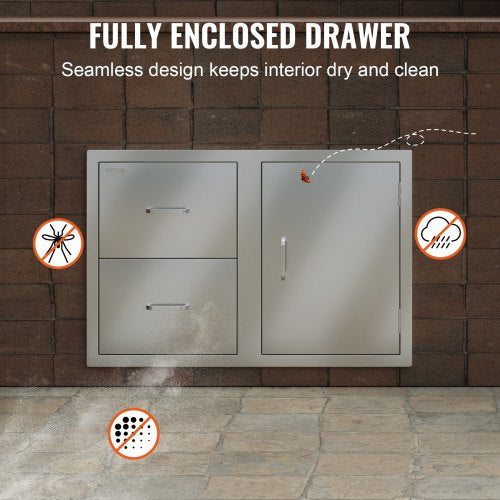 Stainless Steel Outdoor Kitchen Drawers, 32.5" BBQ Island Storage with Access Door, Double Drawers & Built-In Towel