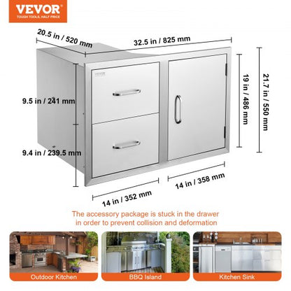 Stainless Steel Outdoor Kitchen Drawers, 32.5" BBQ Island Storage with Access Door, Double Drawers & Built-In Towel