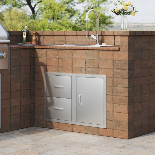 Stainless Steel Outdoor Kitchen Drawers, 32.5" BBQ Island Storage with Access Door, Double Drawers & Built-In Towel