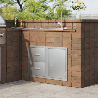 Stainless Steel Outdoor Kitchen Drawers, 32.5" BBQ Island Storage with Access Door, Double Drawers & Built-In Towel