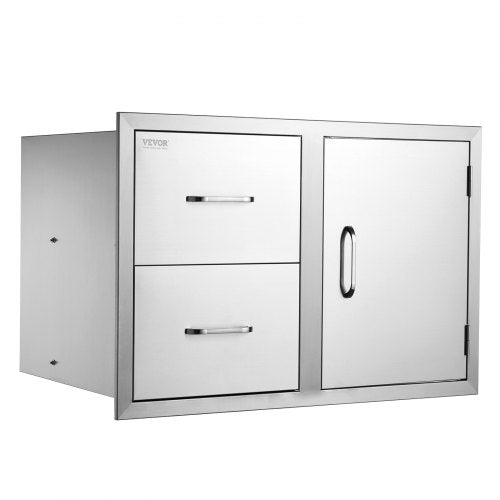 Stainless Steel Outdoor Kitchen Drawers, 32.5" BBQ Island Storage with Access Door, Double Drawers & Built-In Towel