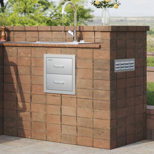 Outdoor Kitchen Drawers, Stainless Steel BBQ Island Storage with Smooth Sliding Rails, Handle