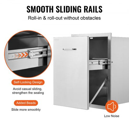 Stainless Steel Pull Out Trash Drawer, Outdoor BBQ Island Trash Bin with Smooth Rails & Handle, Raised Style Pull-Out