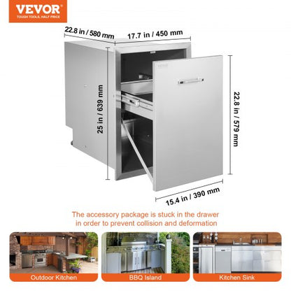 Stainless Steel Pull Out Trash Drawer, Outdoor BBQ Island Trash Bin with Smooth Rails & Handle, Raised Style Pull-Out