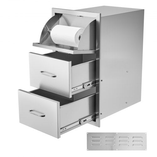 Outdoor Kitchen BBQ Island Drawers, Stainless Steel Double Access Storage with Built-in Paper Towel Holder for Grill