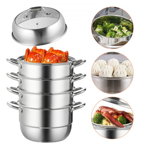 Stainless Steel Steamer Pot, Multi-Layer Cookware with Tempered Glass Lid & Handles, Work on Gas, Electric & Grill Stove