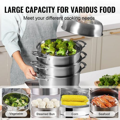 Stainless Steel Steamer Pot MultiLayer Cookware With Tempered Glass Lid  Handles Work On Gas Electr 2