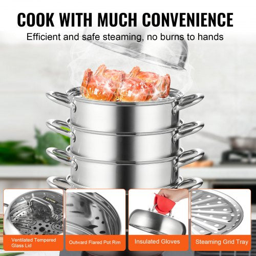 Stainless Steel Steamer Pot MultiLayer Cookware With Tempered Glass Lid  Handles Work On Gas Electr 4