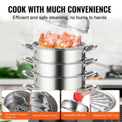 Stainless Steel Steamer Pot MultiLayer Cookware With Tempered Glass Lid  Handles Work On Gas Electr 4