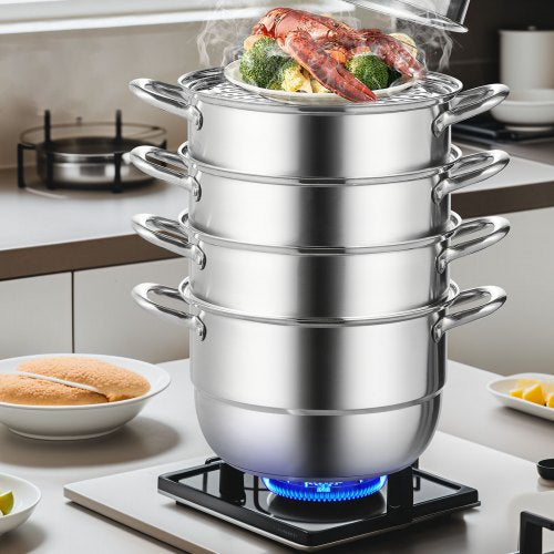 5-Tier Stainless Steel Dumpling Steamer Pot – 30cm/11.8 Dia, Works with Gas & Electric Stove Top.
