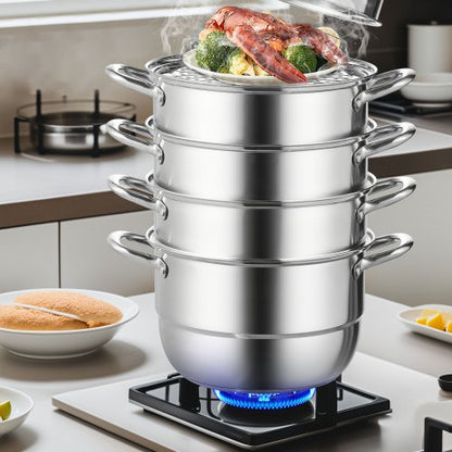 5-Tier Stainless Steel Dumpling Steamer Pot – 30cm/11.8 Dia, Works with Gas & Electric Stove Top.