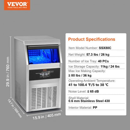 Industrial Ice Maker Machine, 110V Commercial Ice Maker, 40 Ice Cubes Per Plate, 80LBS/24H, Auto Clean, Stainless Steel