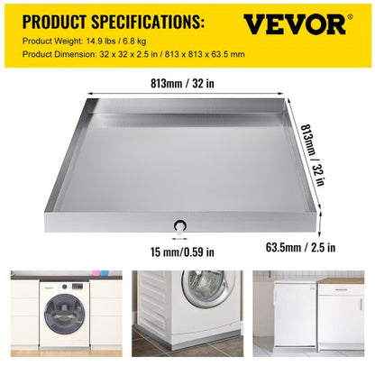 Washing Machine Pan Stainless Steel Heavy Duty Drip Tray With Drain Hole  Hose Adapter For Washer D 7