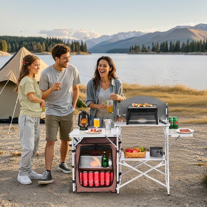 Portable Camping Kitchen Table, Foldable Picnic Cabinet with Storage Rack, Windshield & Side Tables