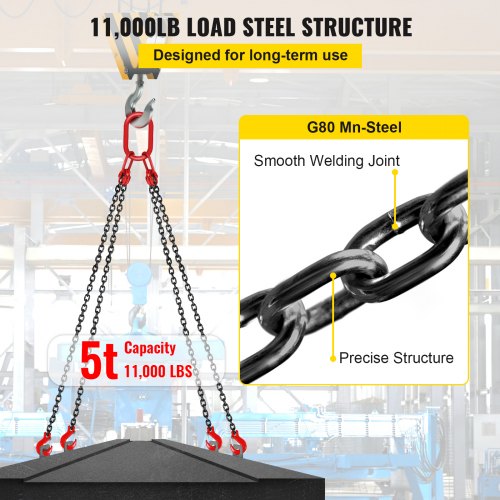 5ft G80 Alloy Steel Chain Sling 516 4Leg Engine Lift Chain With Grab Hooks 3 Ton11000 Lbs Capacity 3