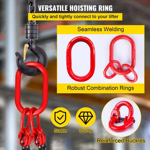5ft G80 Alloy Steel Chain Sling 516 4Leg Engine Lift Chain With Grab Hooks 3 Ton11000 Lbs Capacity 4