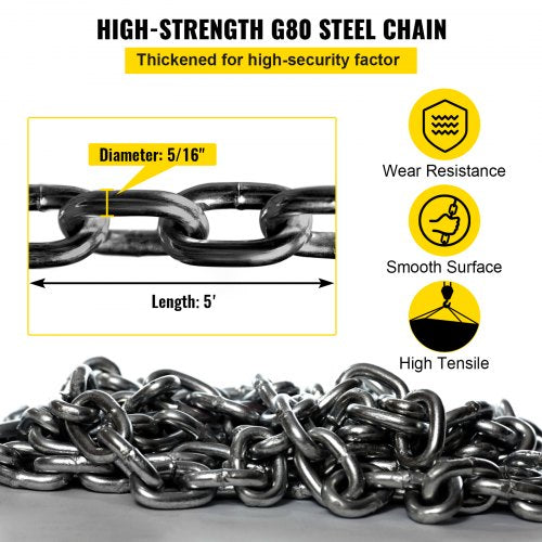 5ft G80 Alloy Steel Chain Sling 516 4Leg Engine Lift Chain With Grab Hooks 3 Ton11000 Lbs Capacity 5