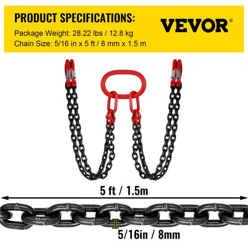 5ft G80 Alloy Steel Chain Sling 516 4Leg Engine Lift Chain With Grab Hooks 3 Ton11000 Lbs Capacity 7