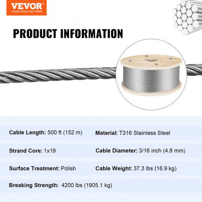 500ft 316 Stainless Steel Wire Rope 316 Inch Steel Wire Cable With 1x19 Strands 4700lbs Breaking St 7