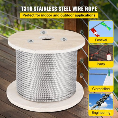 500FT T316 1x19 Marine Grade Steel Cable, 5/32" Wire Rope for Deck Railing Brackets, Handrail Stair & DIY Balustrade