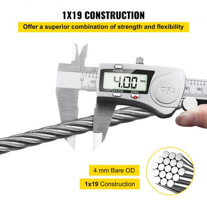 500FT T316 1x19 Marine Grade Steel Cable, 5/32" Wire Rope for Deck Railing Brackets, Handrail Stair & DIY Balustrade